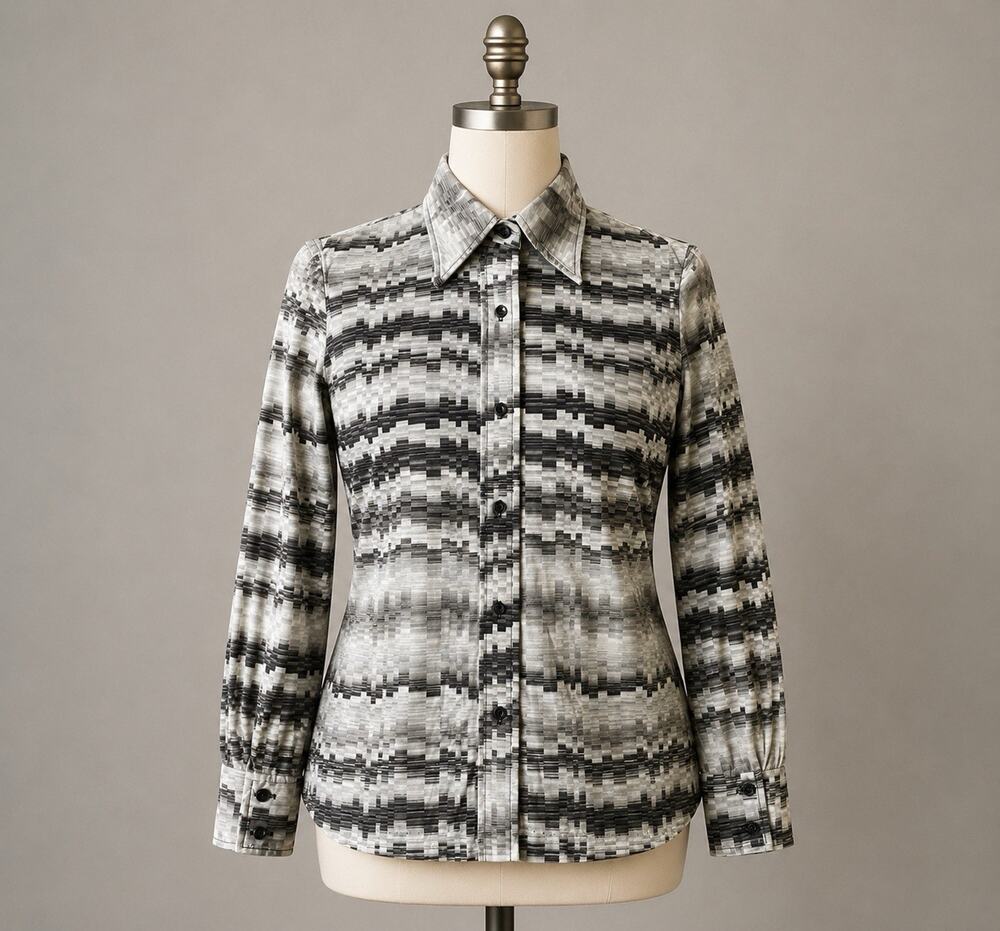 Catalina Sportswear Chevron Geometric Disco Blouse Top White Grey Sz 12 VTG 70s